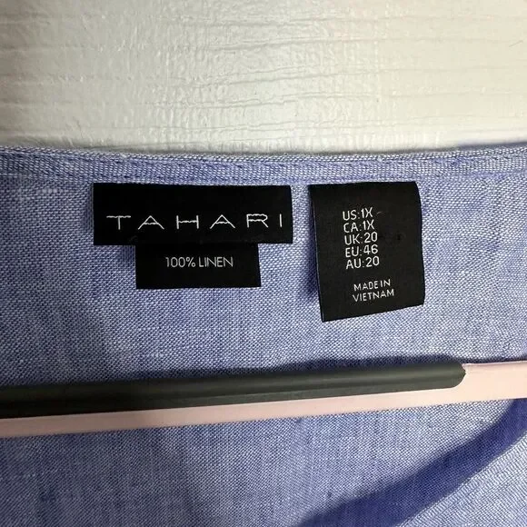 TAHARI Women's Blue Scoop Short Sleeve 100% Linen Tunic Top Shirt 1x - Picture 2 of 8